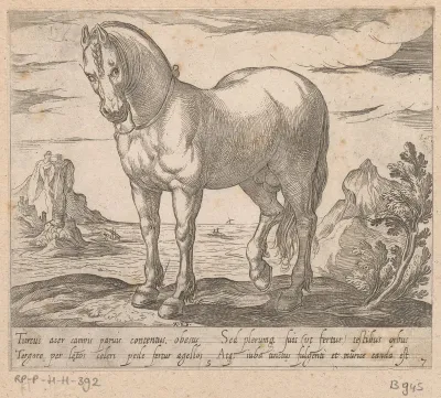 Staand paard naar links gewend, voor een zeegezicht