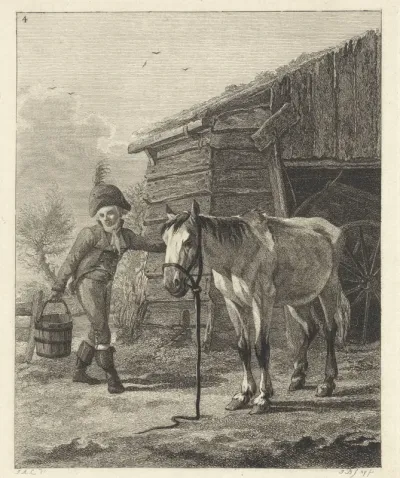 Staand paard voor schuur