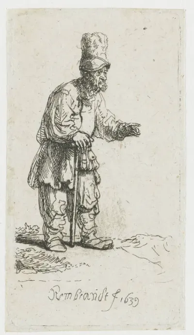 Staande boer met hoog hoofddeksel, leunend op een stok