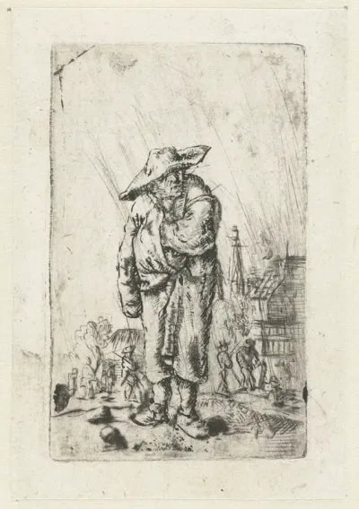 Staande boer met zijn hand in zijn mantel