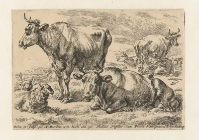 Staande en liggende koe met schapen en koe die gemolken wordt