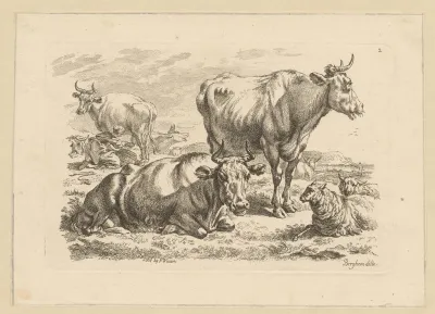 Staande en liggende runderen en een koe die gemolken wordt