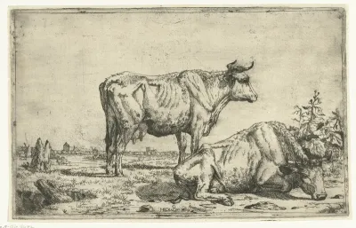 Staande en rustende koe, en profil