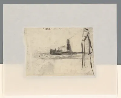 Staande figuur en een sleepboot