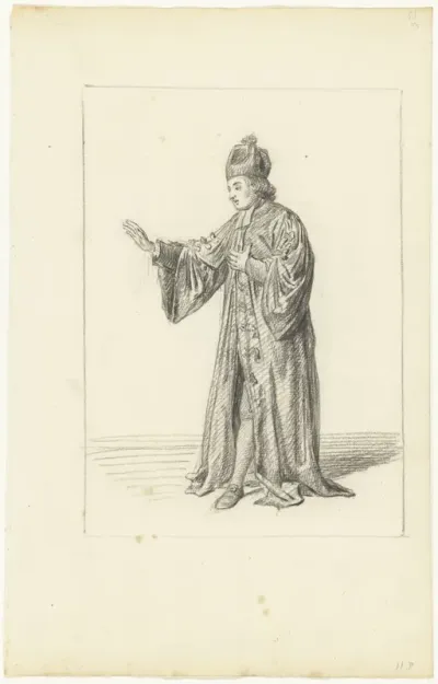 Staande geestelijke, met opgeheven arm