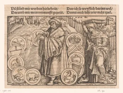 Staande geleerde omringd door symbolen, naast hem een allegorische vrouwenfiguur