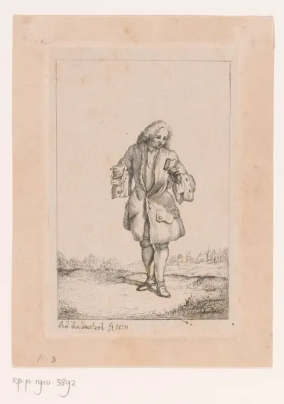 Staande heer in een landschap leest een klein boek