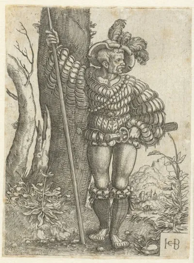 Staande hellebaardier bij boom