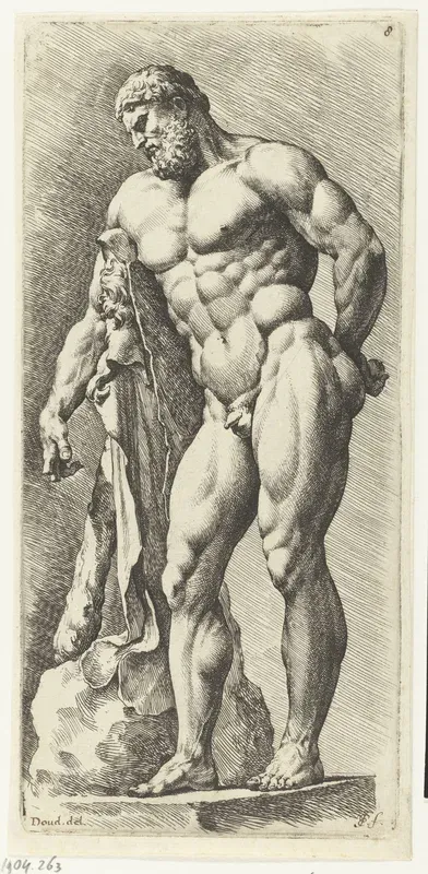 Staande Hercules een hand met appel op zijn rug