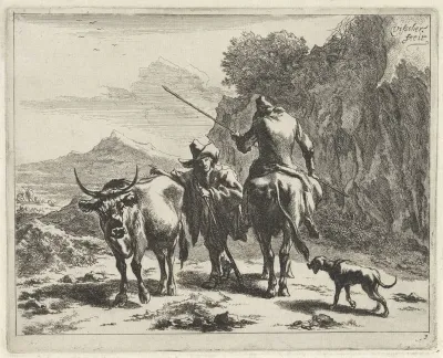 Staande herder pratend met een herder op een ezel