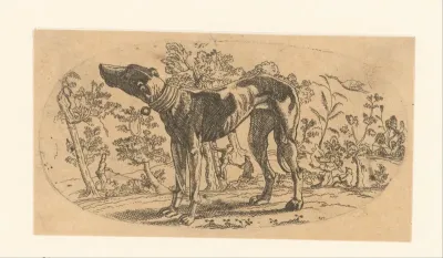 Staande hond voor een landschap