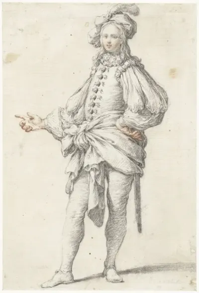 Staande jongeman in theaterkostuum