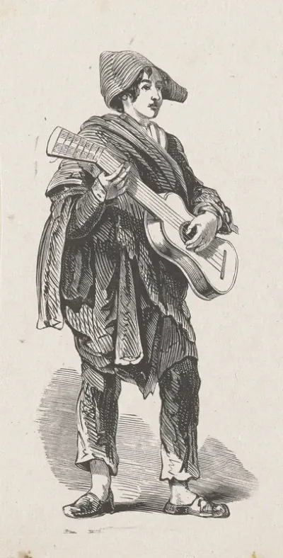 Staande jongeman spelend op een snaarinstrument