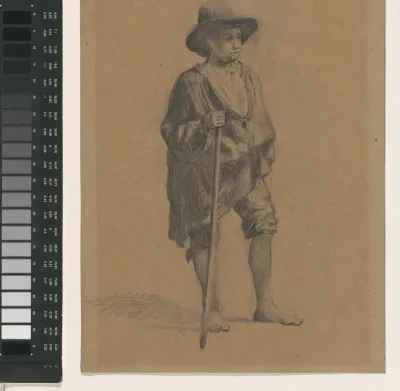 Staande jongen met blote voeten, hoed en wandelstaf