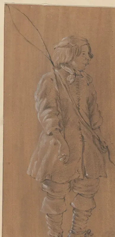 Staande jongen met zweep, in driekwart, en profil naar rechts