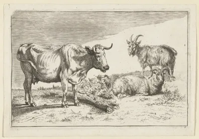 Staande koe met gedraaide hoorn met een schaap en een geit
