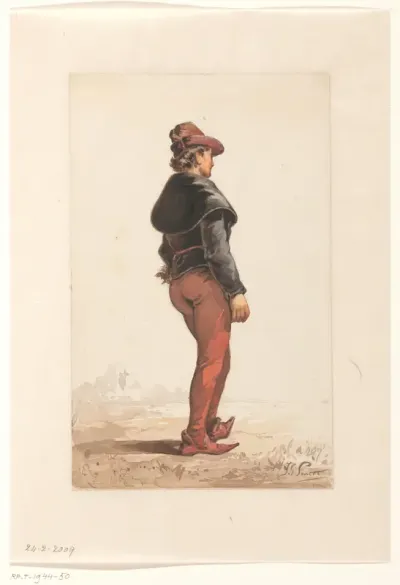Staande lansknecht in Bourgondisch kostuum, van achteren