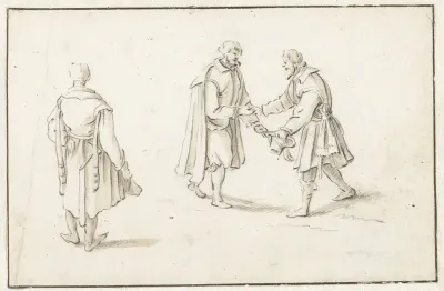 Staande man en twee mannen elkaar begroetend
