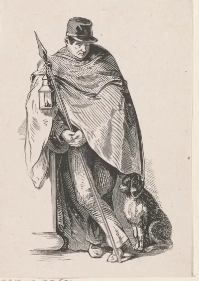 Staande man met een lantaarn en een hond