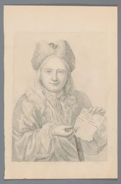 Staande man met schrijfinstrument en Gazette ordinaire d'Amsterdam