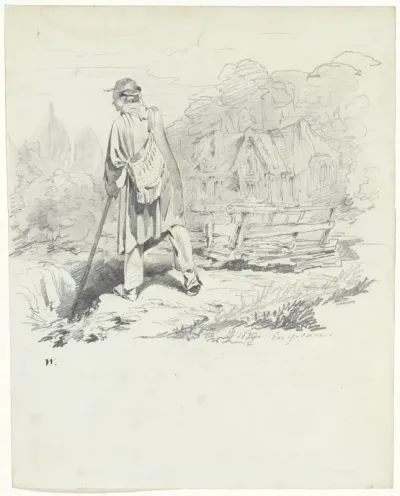 Staande man met tas op de rug in landschap