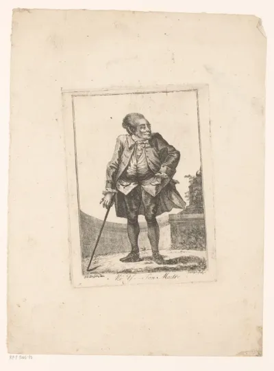 Staande man met wandelstok in een tuin