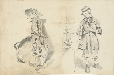 Staande mannen en een scheepsmodel
