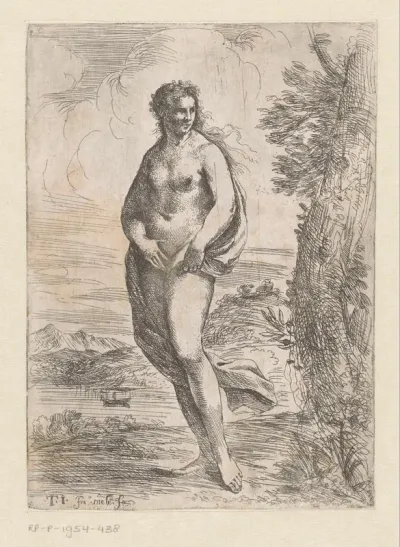 Staande naakte vrouw in landschap