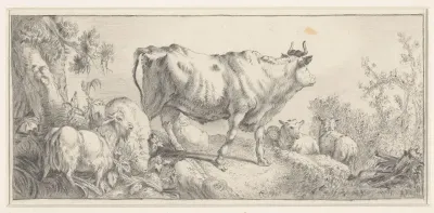 Staande os, naar rechts, tussen ander vee