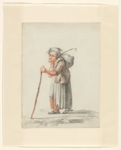 Staande oude vrouw met rugzak en wandelstok