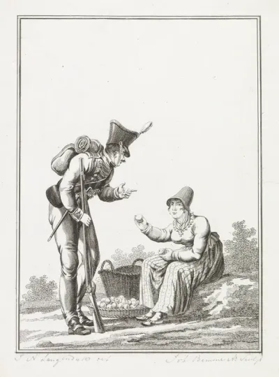 Staande soldaat bij een zittende appelverkoopster
