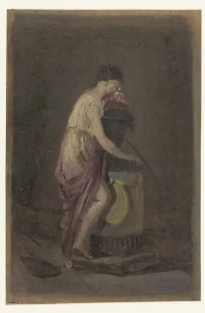 Staande treurende vrouw bij een grafmonument
