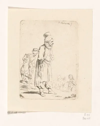 Staande Turk, ruiters in de achtergrond