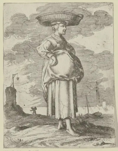 Staande vissersvrouw met mand op het hoofd