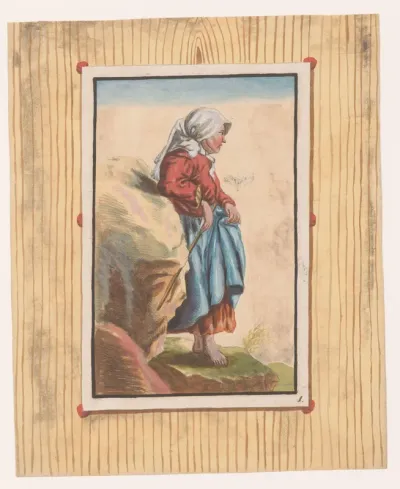 Staande vrouw met blote voeten en stok