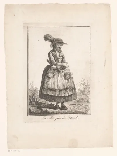 Staande vrouw met een waaier en schort in een landschap