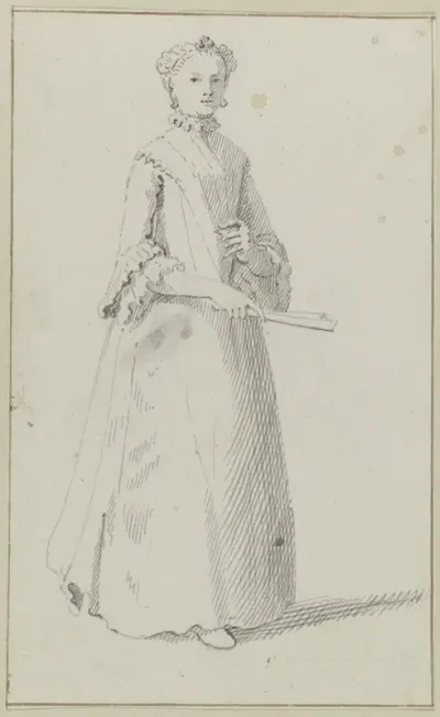 Staande vrouw met gevouwen waaier in haar hand
