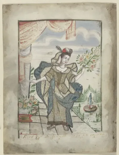 Staande vrouw op een terras, een bloemtak in haar hand