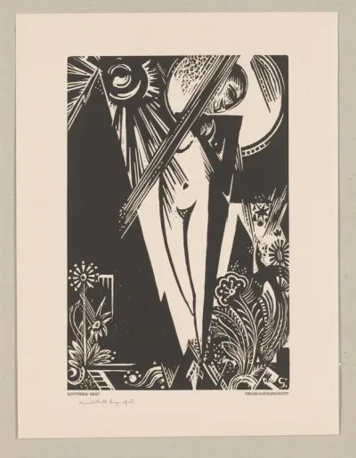 Staande vrouw, zon, maan en bloemen