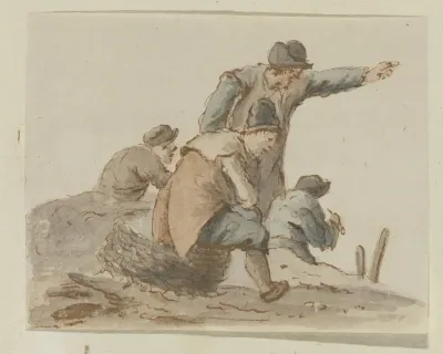 Staande wijzende man temidden van drie zittende mannen