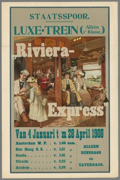 Staatsspoor luxe-trein (alleen 1e Klasse). Rivièra-express. Van 4 Januari t/m 28 April 1908