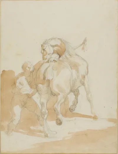 Stableboy Grooming a Horse