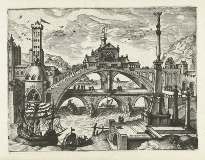 Stad met bebouwde brug