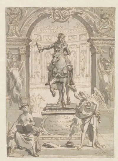 Stadhouder-koning Willem III te paard met allegorische figuren; verworpen ontwerp voor het frontispiece van: Lukas Rotgans, Wilhem De Derde (Amsterdam 1698)