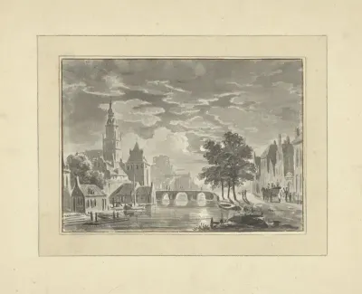Stadsgezicht bij maanlicht