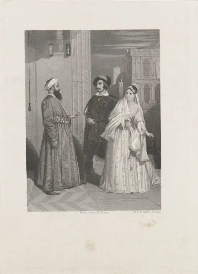 Stadsgezicht met Arabier en man met vrouw