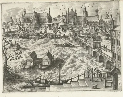 Stadsgezicht met brug en haven