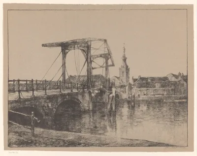Stadsgezicht met brug en kerk