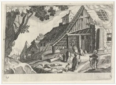 Stadsgezicht met de aanbidding der koningen