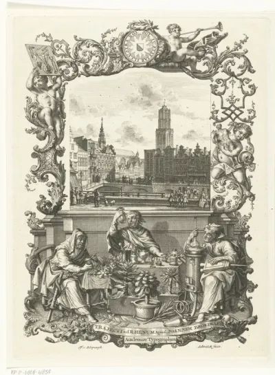 Stadsgezicht met Domkerk te Utrecht en allegorie met drie geleerden